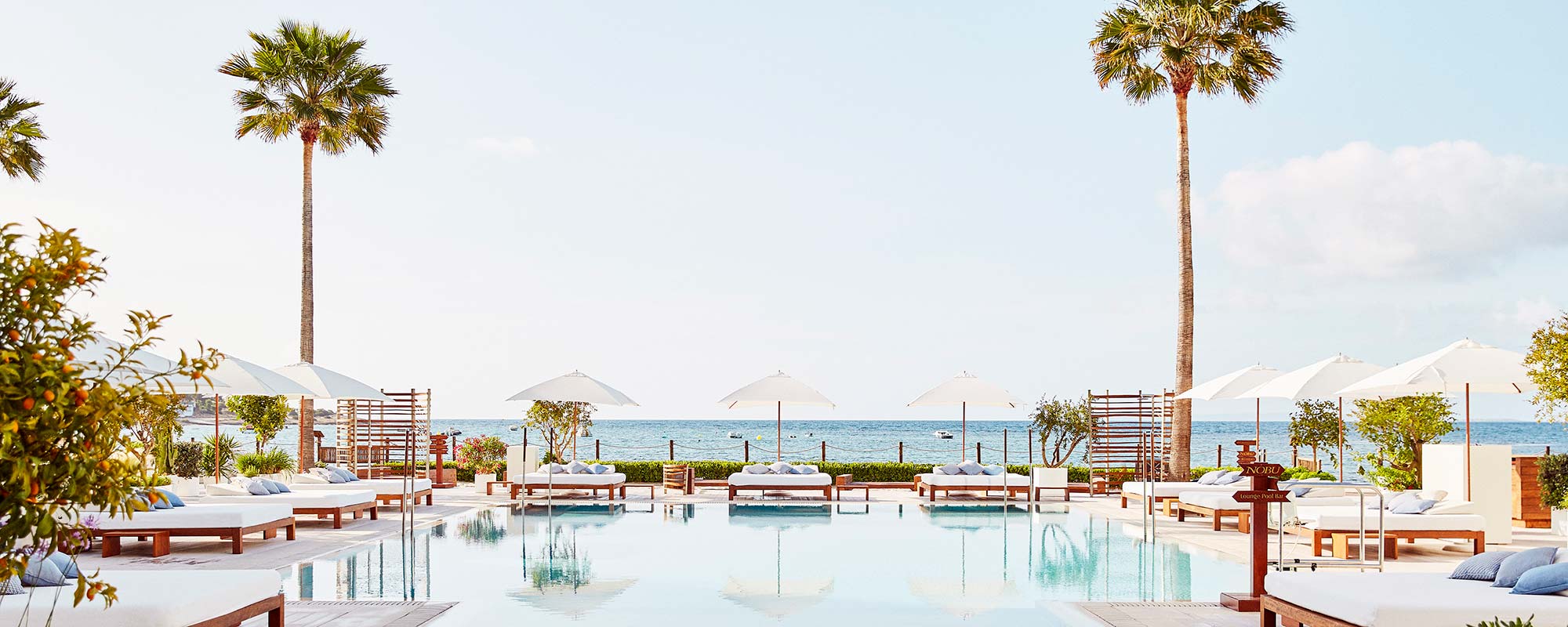 Luxurious resort pool in Ibiza, Spain, featuring white sun loungers, large white umbrellas, and two tall palm trees with the ocean visible in the background