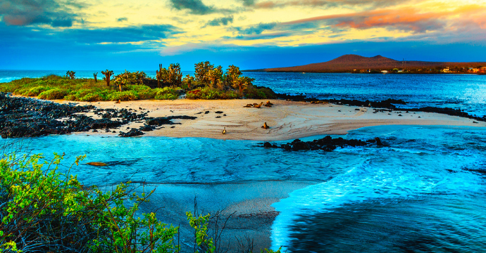 A highly saturated image of a small, sandy beach with black volcanic rocks on the shore of the Galápagos Islands at sunset